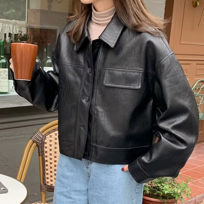 Korea Chic Autumn Vintage Faux Leather Jacket Women Safari Style PU Loose Motorcycle Coats Lapel Buttoned Jackets Outerwear