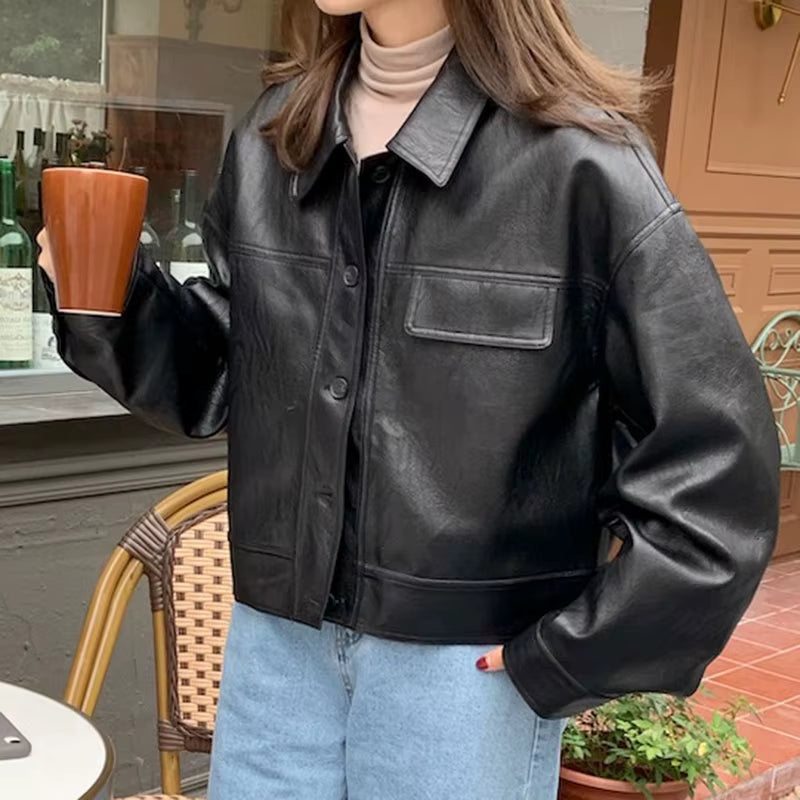 Korea Chic Autumn Vintage Faux Leather Jacket Women Safari Style PU Loose Motorcycle Coats Lapel Buttoned Jackets Outerwear