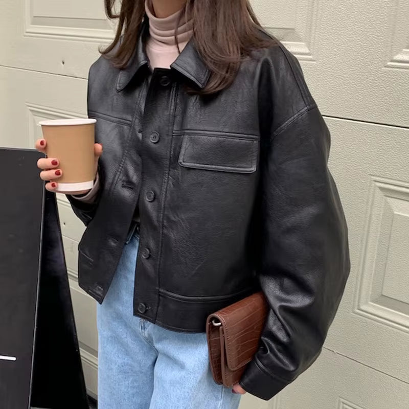 Korea Chic Autumn Vintage Faux Leather Jacket Women Safari Style PU Loose Motorcycle Coats Lapel Buttoned Jackets Outerwear
