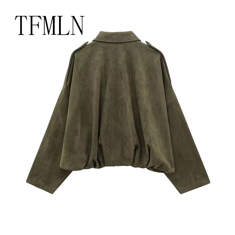 TFMLN New Fashion Suede Fabric Women Bomber Jackets 2025 Causal Long Sleeve Zipper Loose Coats Cropped Jacket Outwear