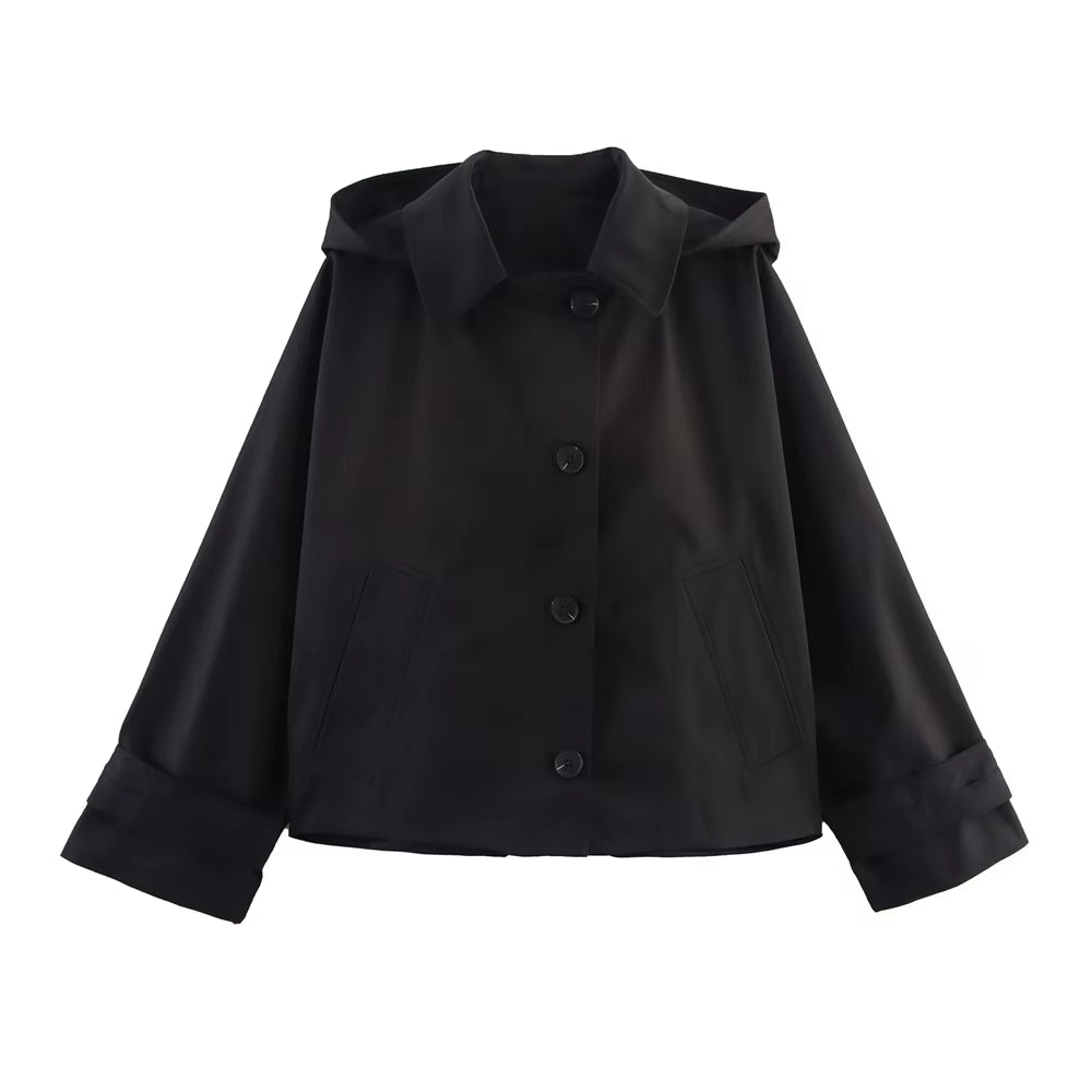 Autumn New European and American Style Hooded Long Sleeved Lapel Jacket Single Breasted Trench Coat Short Jacket
