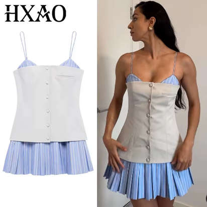 Women'S Dress 2025 Slip Striped Mini Dress Woman Patchwork Summer Sleeveless Short Dresses Pleated Backless Party Dresses