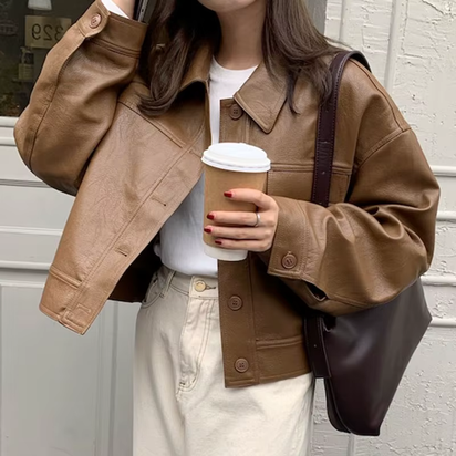 Korea Chic Autumn Vintage Faux Leather Jacket Women Safari Style PU Loose Motorcycle Coats Lapel Buttoned Jackets Outerwear