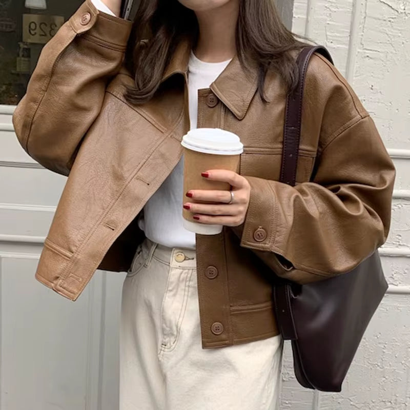 Korea Chic Autumn Vintage Faux Leather Jacket Women Safari Style PU Loose Motorcycle Coats Lapel Buttoned Jackets Outerwear