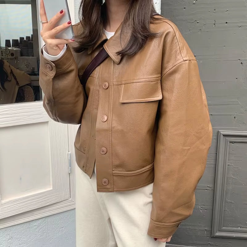 Korea Chic Autumn Vintage Faux Leather Jacket Women Safari Style PU Loose Motorcycle Coats Lapel Buttoned Jackets Outerwear