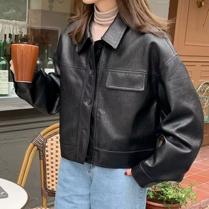 Korea Chic Autumn Vintage Faux Leather Jacket Women Safari Style PU Loose Motorcycle Coats Lapel Buttoned Jackets Outerwear