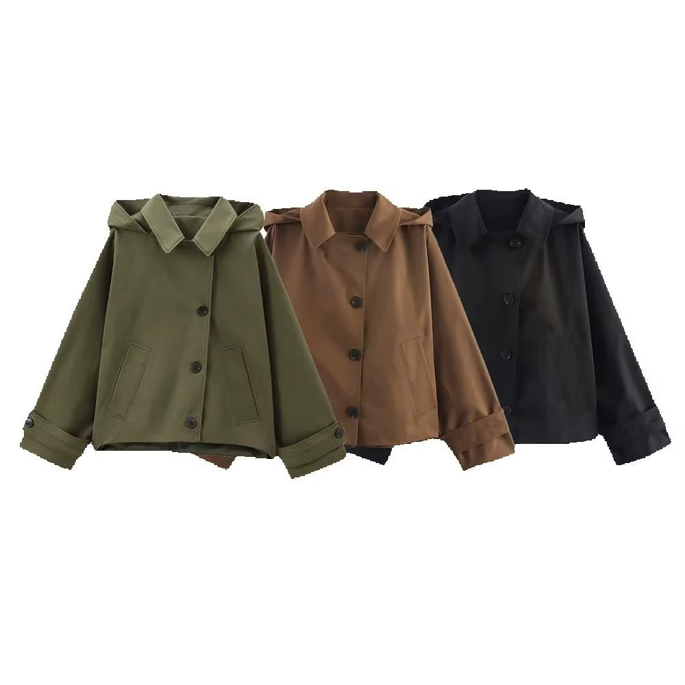Autumn New European and American Style Hooded Long Sleeved Lapel Jacket Single Breasted Trench Coat Short Jacket