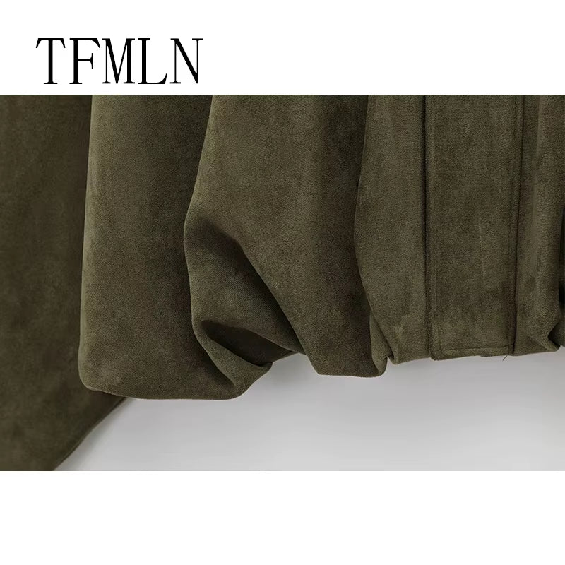 TFMLN New Fashion Suede Fabric Women Bomber Jackets 2025 Causal Long Sleeve Zipper Loose Coats Cropped Jacket Outwear