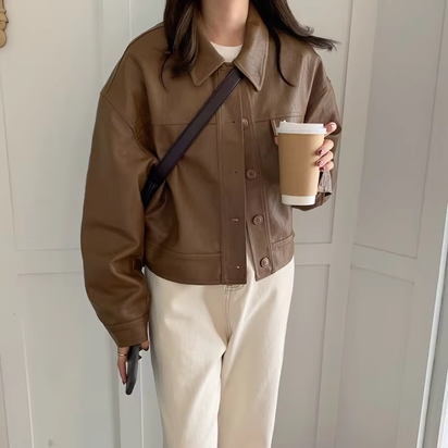 Korea Chic Autumn Vintage Faux Leather Jacket Women Safari Style PU Loose Motorcycle Coats Lapel Buttoned Jackets Outerwear