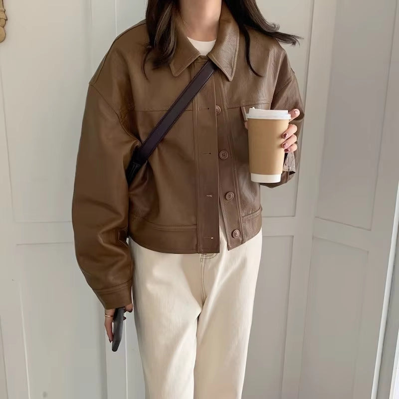 Korea Chic Autumn Vintage Faux Leather Jacket Women Safari Style PU Loose Motorcycle Coats Lapel Buttoned Jackets Outerwear