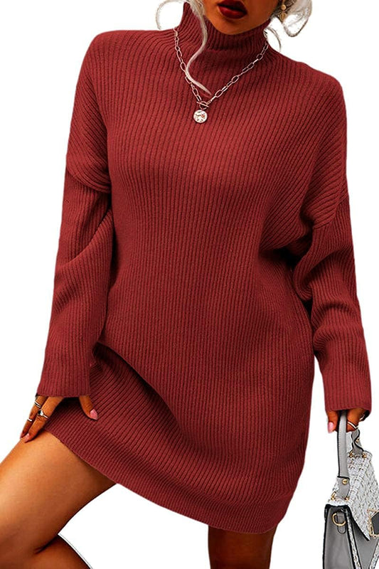 Womens Turtleneck Oversized Sweaters Dress Long Sleeve Drop Shoulder Pullover Loose Knit Dresses Red