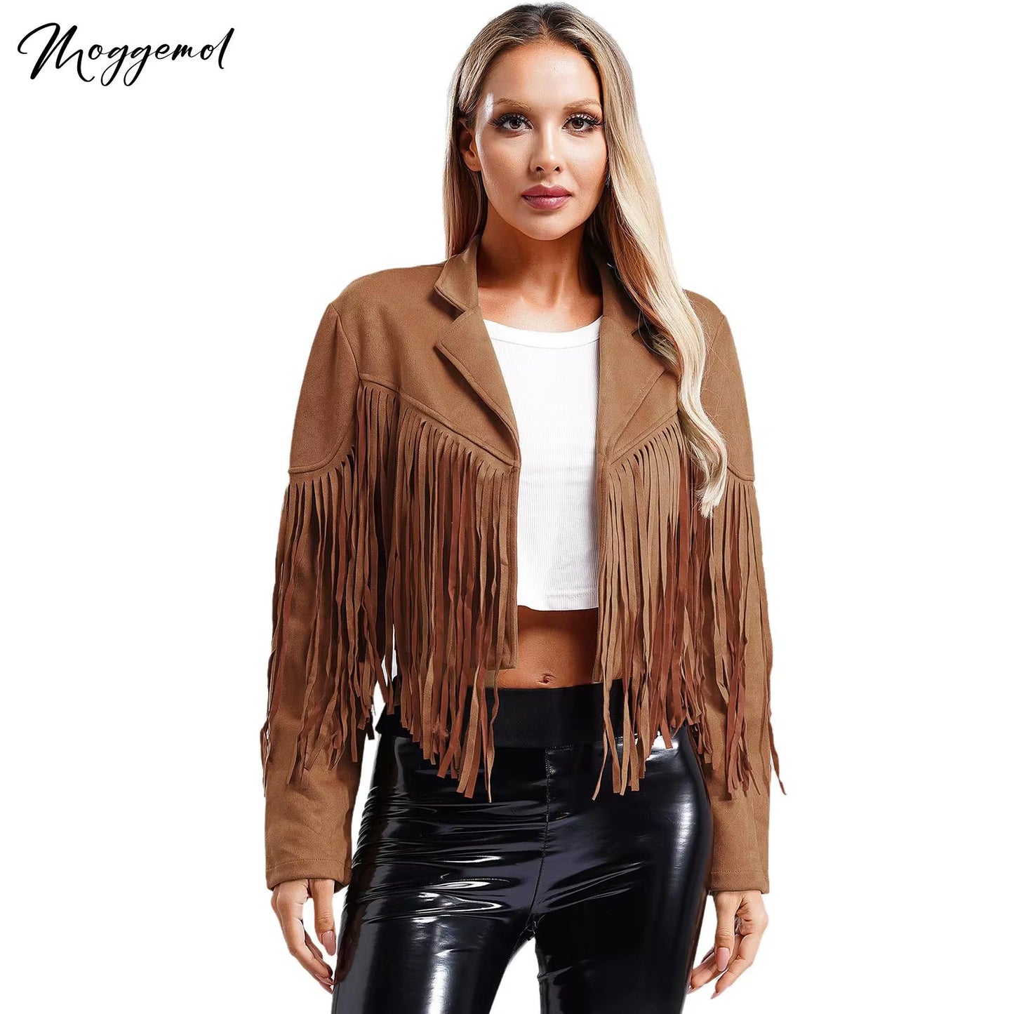 Womens Fringe Faux Suede Cropped Jackets Lapel Long Sleeve Coat Open Front Cardigan 80S Hippie Western Cowgirl Costume Outerwear