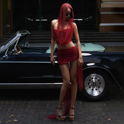 Women Hooded Crop Top and Asymmetrical Skirt Sparkling Mesh 2 Piece Short Sets Sexy Rave Outfits Summer Co Ords