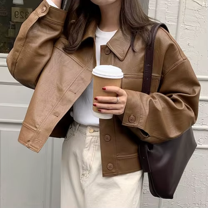 Korea Chic Autumn Vintage Faux Leather Jacket Women Safari Style PU Loose Motorcycle Coats Lapel Buttoned Jackets Outerwear
