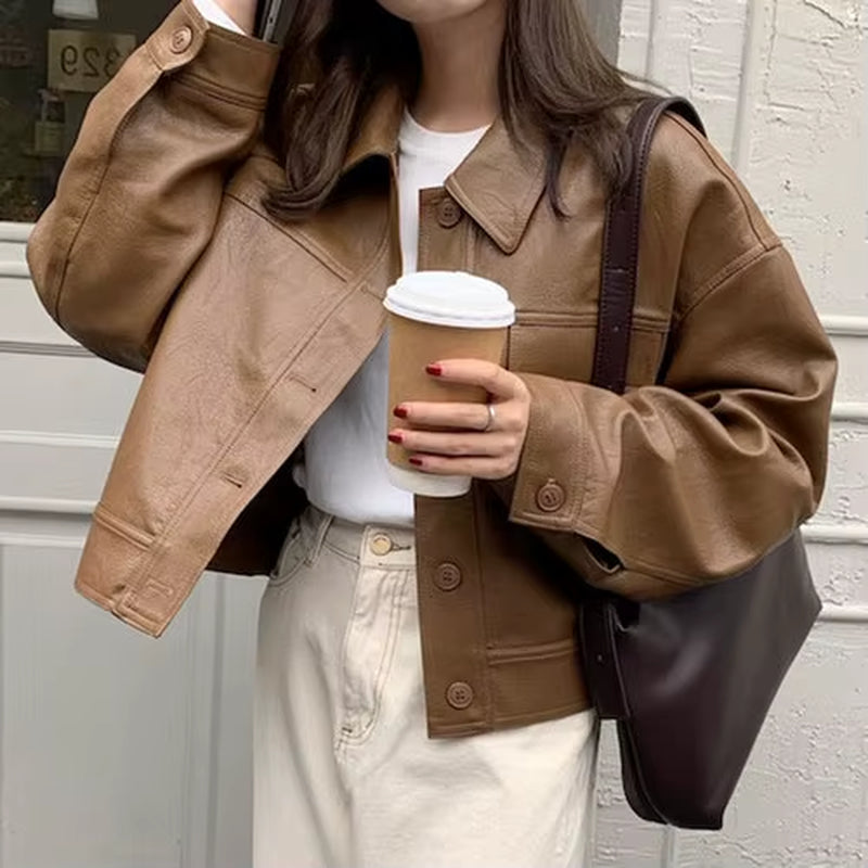 Korea Chic Autumn Vintage Faux Leather Jacket Women Safari Style PU Loose Motorcycle Coats Lapel Buttoned Jackets Outerwear