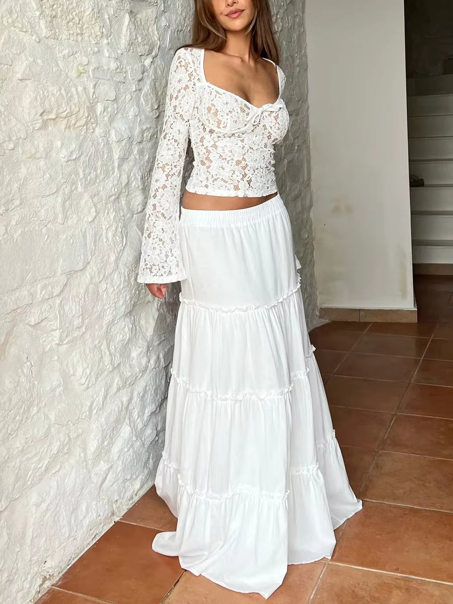 Women Y2K Lace Long Sleeve Crop Top Sexy Low Cut Mesh See through Top Floral Embroidery Layering Blouse Streetwear Summer Camis