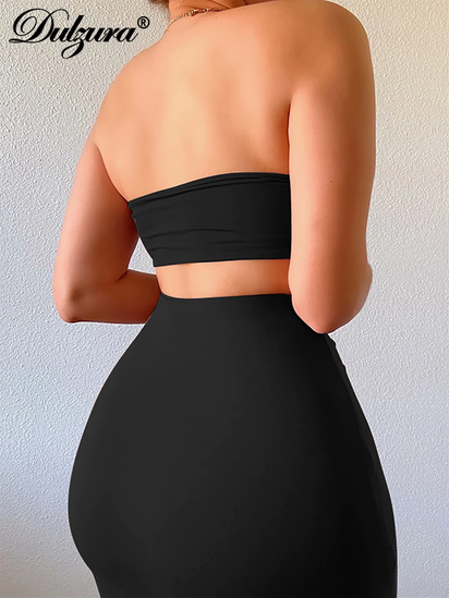 Solid Women 2 Piece Set Tube Crop Top Midi Skirt Bodycon Sexy Streetwear Party Club Elegant Matching Co Ords 2021 Summer