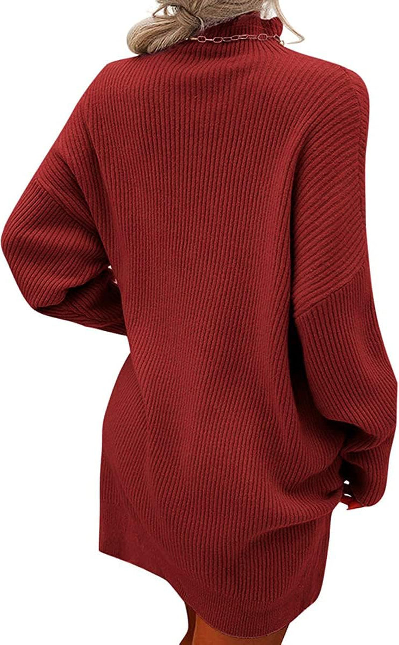 Womens Turtleneck Oversized Sweaters Dress Long Sleeve Drop Shoulder Pullover Loose Knit Dresses Red