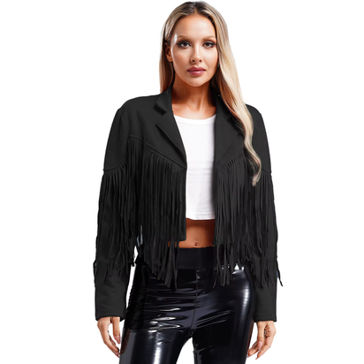 Womens Fringe Faux Suede Cropped Jackets Lapel Long Sleeve Coat Open Front Cardigan 80S Hippie Western Cowgirl Costume Outerwear