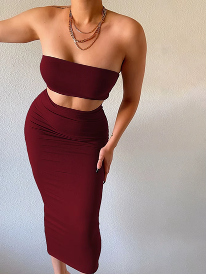 Solid Women 2 Piece Set Tube Crop Top Midi Skirt Bodycon Sexy Streetwear Party Club Elegant Matching Co Ords 2021 Summer