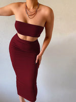 Solid Women 2 Piece Set Tube Crop Top Midi Skirt Bodycon Sexy Streetwear Party Club Elegant Matching Co Ords 2021 Summer
