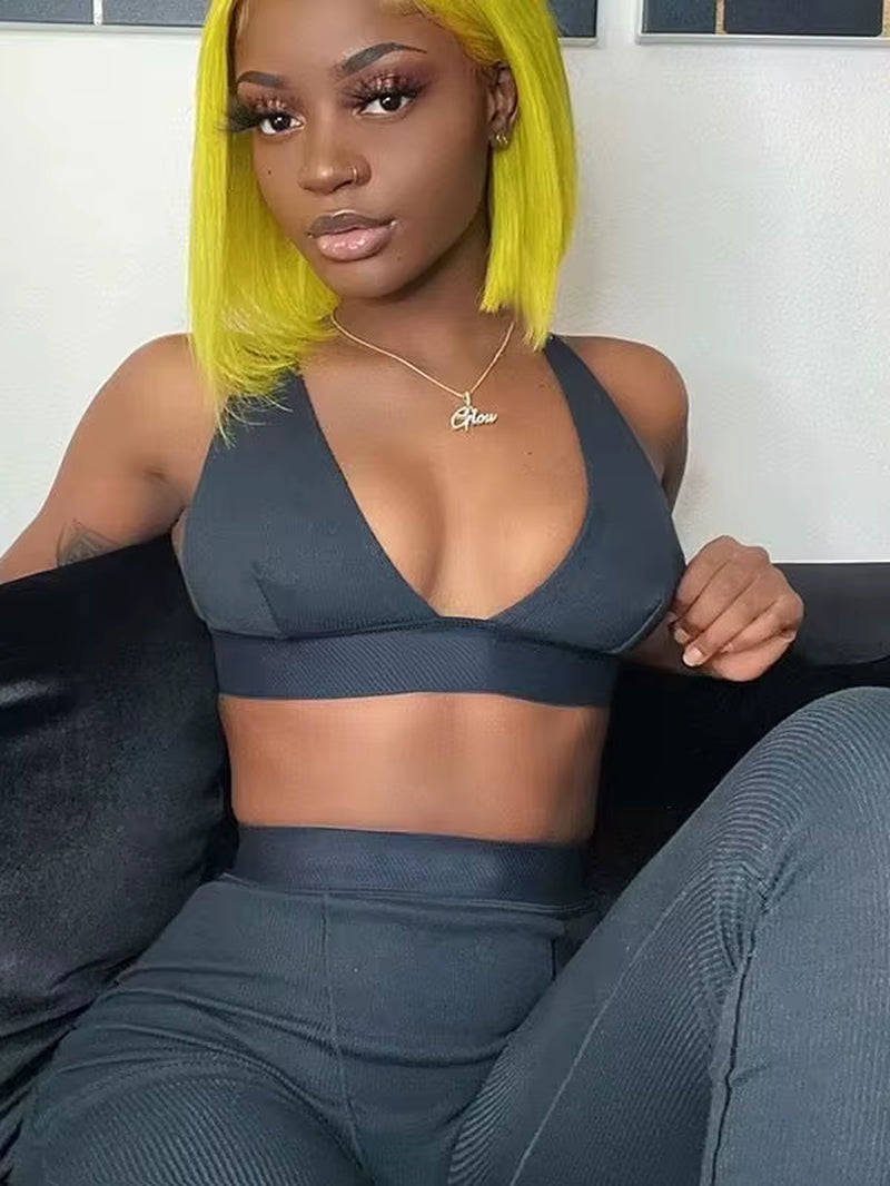 Ribbed Women 2 Pieces V Neck Bra Leggings Set Crop Top Matching Co Ords 2020 Autumn Winter Clothes Sporty Tracksuit Club