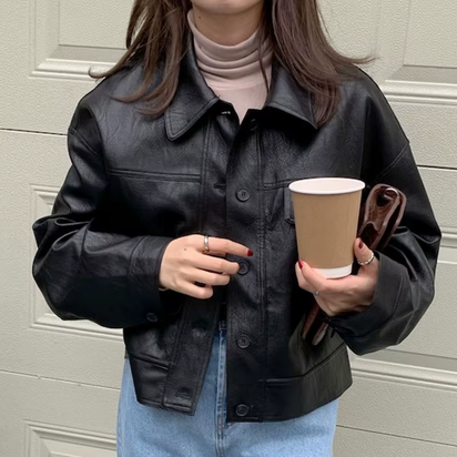 Korea Chic Autumn Vintage Faux Leather Jacket Women Safari Style PU Loose Motorcycle Coats Lapel Buttoned Jackets Outerwear