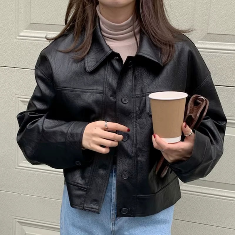 Korea Chic Autumn Vintage Faux Leather Jacket Women Safari Style PU Loose Motorcycle Coats Lapel Buttoned Jackets Outerwear