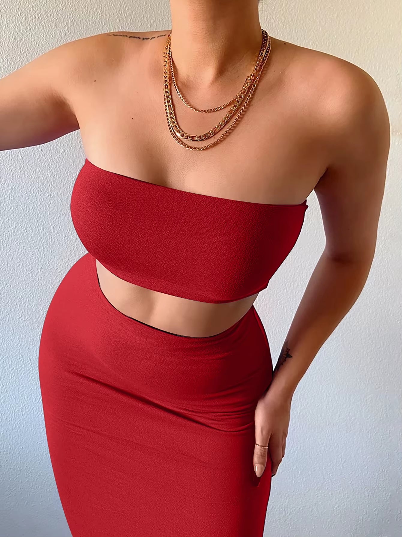 Solid Women 2 Piece Set Tube Crop Top Midi Skirt Bodycon Sexy Streetwear Party Club Elegant Matching Co Ords 2021 Summer