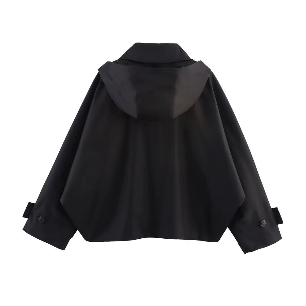 Autumn New European and American Style Hooded Long Sleeved Lapel Jacket Single Breasted Trench Coat Short Jacket