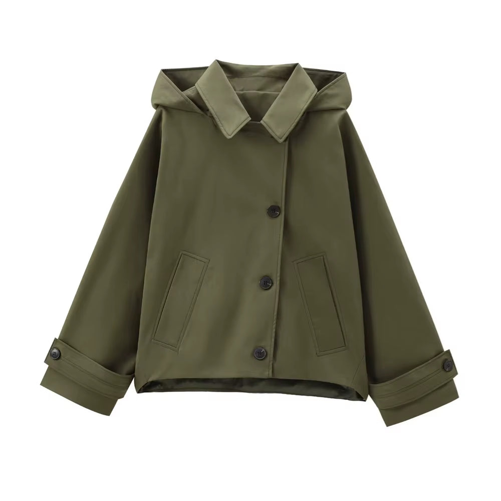 Autumn New European and American Style Hooded Long Sleeved Lapel Jacket Single Breasted Trench Coat Short Jacket