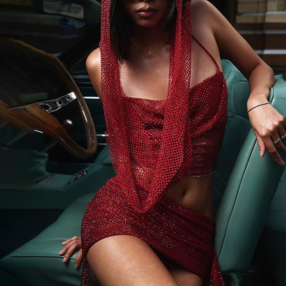 Women Hooded Crop Top and Asymmetrical Skirt Sparkling Mesh 2 Piece Short Sets Sexy Rave Outfits Summer Co Ords