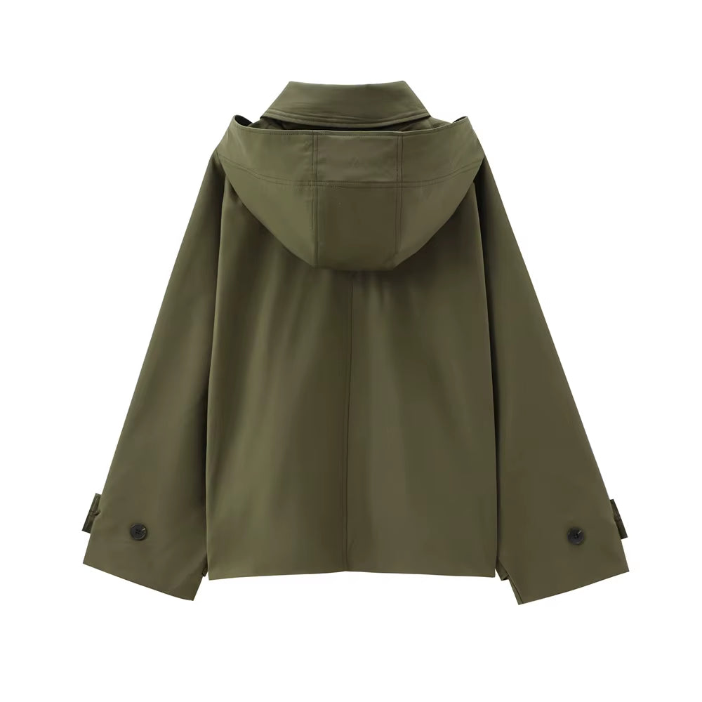 Autumn New European and American Style Hooded Long Sleeved Lapel Jacket Single Breasted Trench Coat Short Jacket