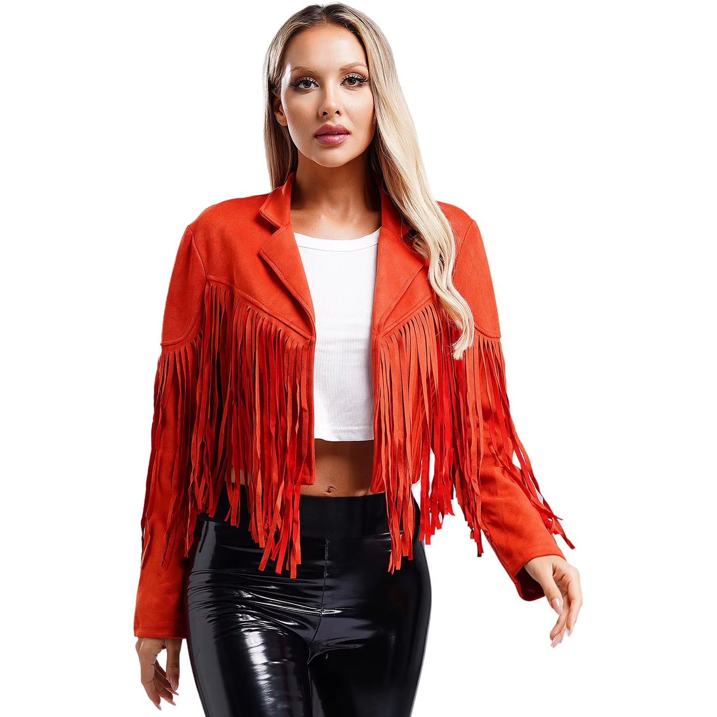Womens Fringe Faux Suede Cropped Jackets Lapel Long Sleeve Coat Open Front Cardigan 80S Hippie Western Cowgirl Costume Outerwear