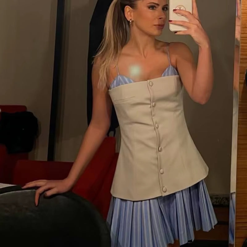 Women'S Dress 2025 Slip Striped Mini Dress Woman Patchwork Summer Sleeveless Short Dresses Pleated Backless Party Dresses