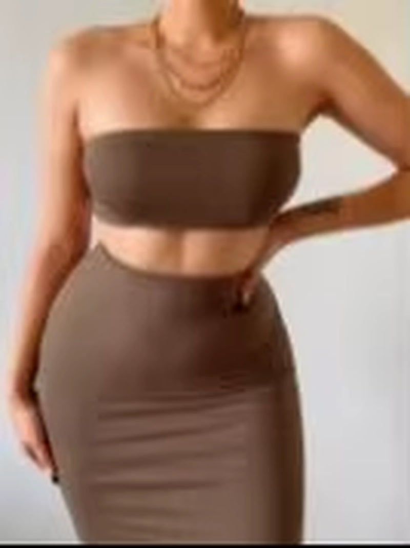 Solid Women 2 Piece Set Tube Crop Top Midi Skirt Bodycon Sexy Streetwear Party Club Elegant Matching Co Ords 2021 Summer