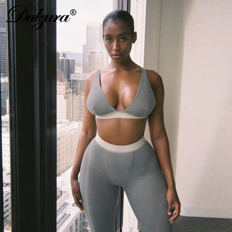 Ribbed Women 2 Pieces V Neck Bra Leggings Set Crop Top Matching Co Ords 2020 Autumn Winter Clothes Sporty Tracksuit Club
