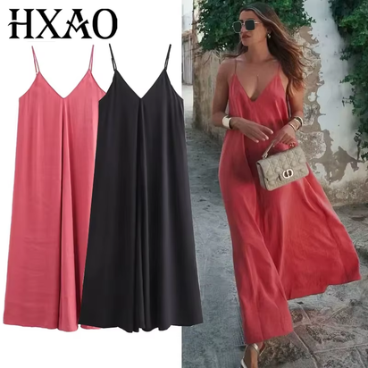 Slip Dress Women 2024 Summer Women'S Loose Dresses Sleeveless Thin Straps Black Long Dresses Backless Beach Holiday Dresses
