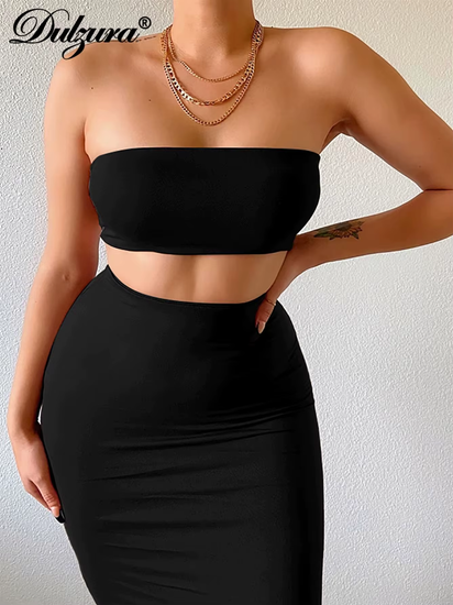 Solid Women 2 Piece Set Tube Crop Top Midi Skirt Bodycon Sexy Streetwear Party Club Elegant Matching Co Ords 2021 Summer