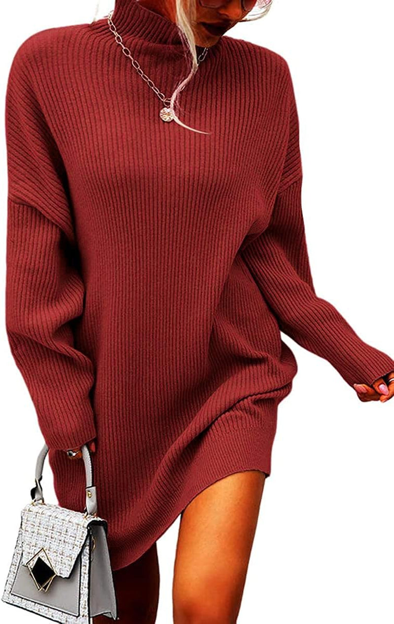 Womens Turtleneck Oversized Sweaters Dress Long Sleeve Drop Shoulder Pullover Loose Knit Dresses Red