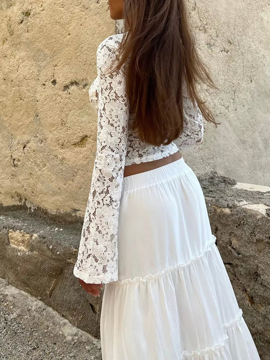 Women Y2K Lace Long Sleeve Crop Top Sexy Low Cut Mesh See through Top Floral Embroidery Layering Blouse Streetwear Summer Camis
