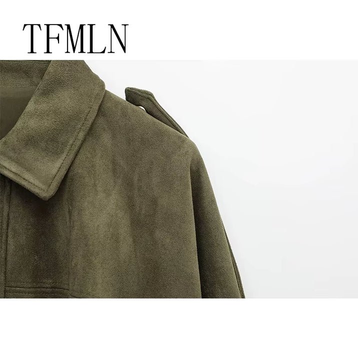 TFMLN New Fashion Suede Fabric Women Bomber Jackets 2025 Causal Long Sleeve Zipper Loose Coats Cropped Jacket Outwear
