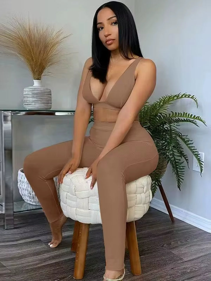 Ribbed Women 2 Pieces V Neck Bra Leggings Set Crop Top Matching Co Ords 2020 Autumn Winter Clothes Sporty Tracksuit Club