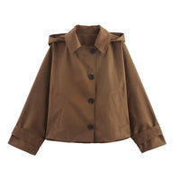 Autumn New European and American Style Hooded Long Sleeved Lapel Jacket Single Breasted Trench Coat Short Jacket
