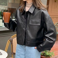 Korea Chic Autumn Vintage Faux Leather Jacket Women Safari Style PU Loose Motorcycle Coats Lapel Buttoned Jackets Outerwear