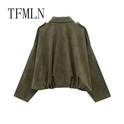 TFMLN New Fashion Suede Fabric Women Bomber Jackets 2025 Causal Long Sleeve Zipper Loose Coats Cropped Jacket Outwear