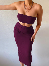 Solid Women 2 Piece Set Tube Crop Top Midi Skirt Bodycon Sexy Streetwear Party Club Elegant Matching Co Ords 2021 Summer