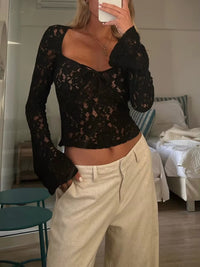 Women Y2K Lace Long Sleeve Crop Top Sexy Low Cut Mesh See through Top Floral Embroidery Layering Blouse Streetwear Summer Camis