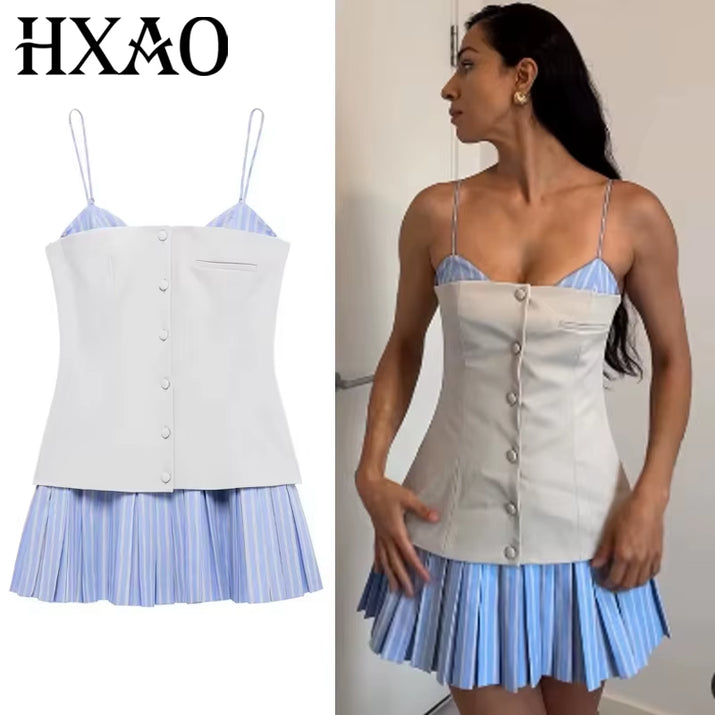Women'S Dress 2025 Slip Striped Mini Dress Woman Patchwork Summer Sleeveless Short Dresses Pleated Backless Party Dresses