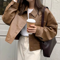 Korea Chic Autumn Vintage Faux Leather Jacket Women Safari Style PU Loose Motorcycle Coats Lapel Buttoned Jackets Outerwear